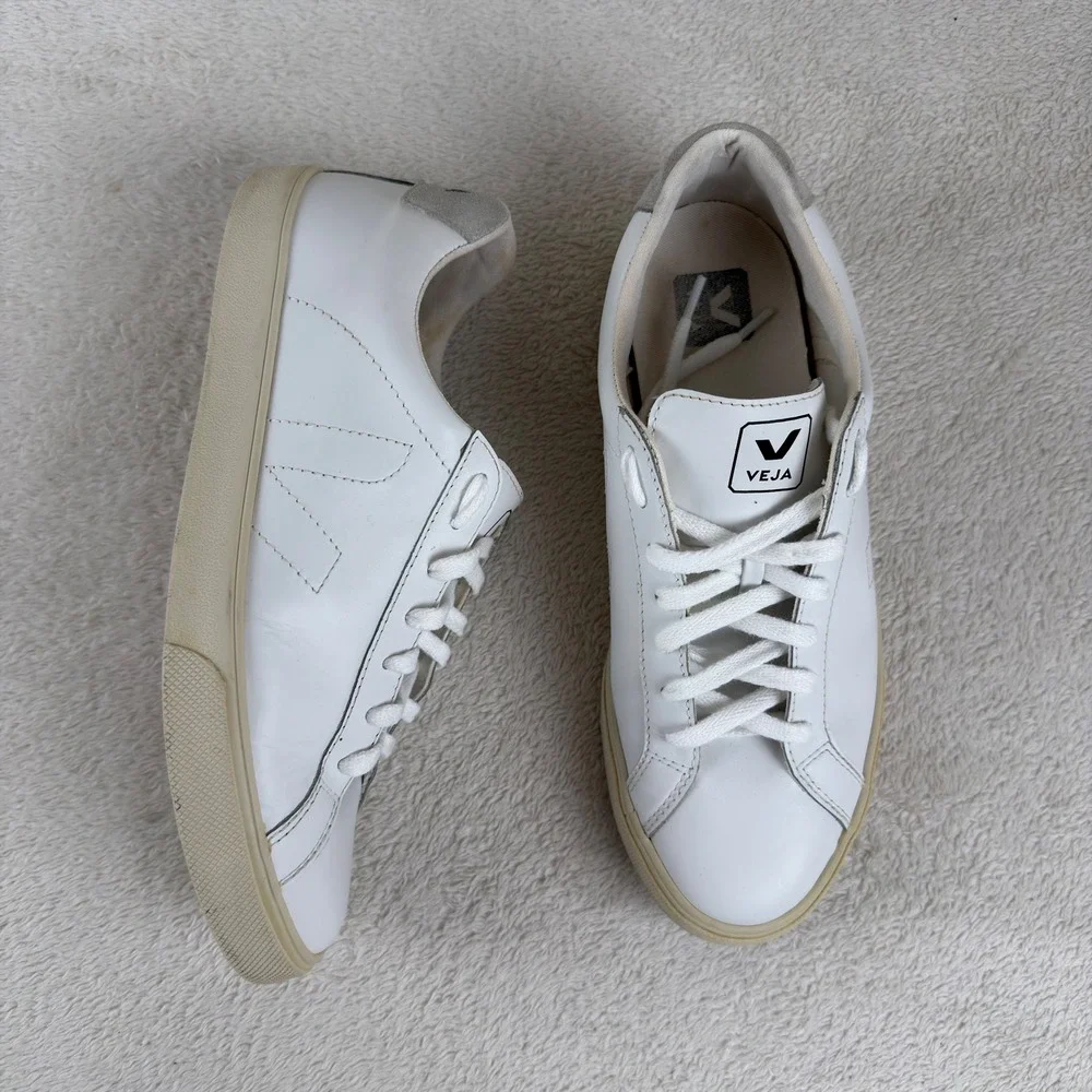 Veja Esplar White Leather Low Top Sneakers Grey Suede Heel Tab Womens 9 EUR 40